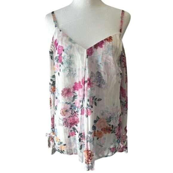 INC Floral International Concepts Cold Shoulder Blouse Sheer Long Sleeves Medium - Picture 8 of 15